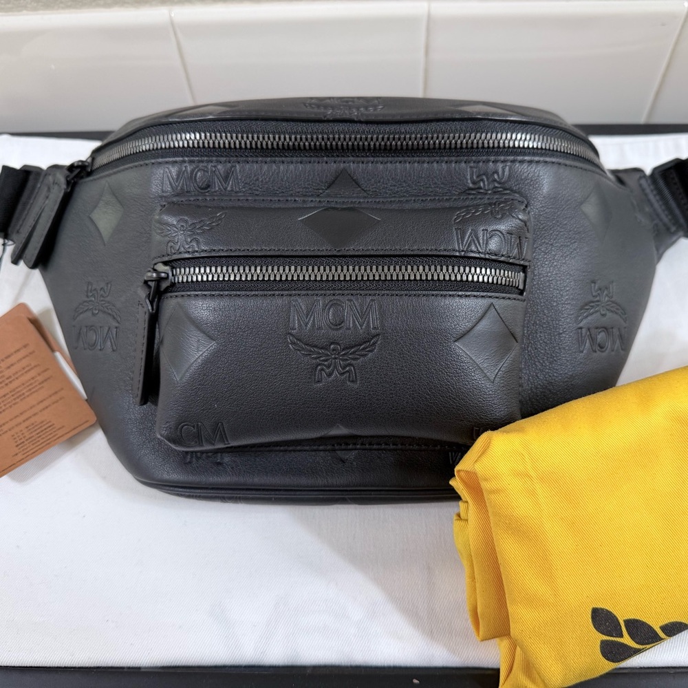 MCM Medium Fusrten Black Embossed Leather Belt Bag NWT